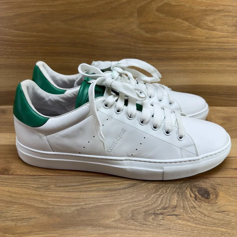 Roberto Cavalli White Green Leather Mens‎ 10 EU 43 Low Top Sneakers Italy
